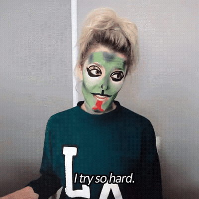 Woman In Green Sweater With Letter L Says I Try So Hard GIF