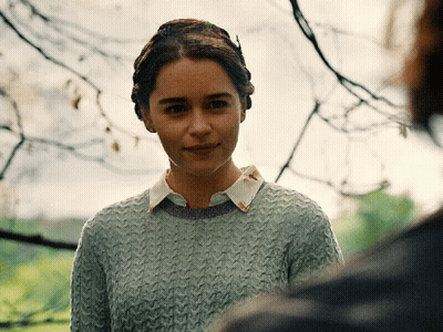 Woman In Grey Sweater And White Collar Looking At Camera GIF