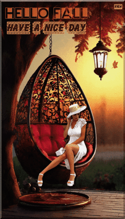 Woman In Hanging Chair Saying Hello Fall GIF