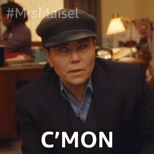 Woman In Hat Says C'mon In Front Of Mrs Maisel Logo GIF