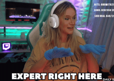 Woman In Headphones And Blue Gloves Expert Right Here GIF