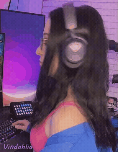 Woman In Headphones And Bra At Computer GIF