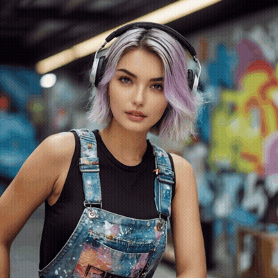 Woman In Headphones And Overalls At Graffiti Wall GIF