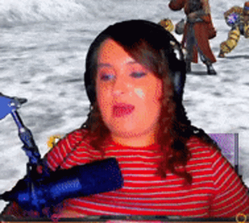 Woman In Headphones And Red And White Striped Shirt At Microphone GIF