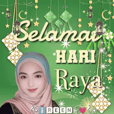 Woman In Hijab On Green With Selamat Hari Raya GIF