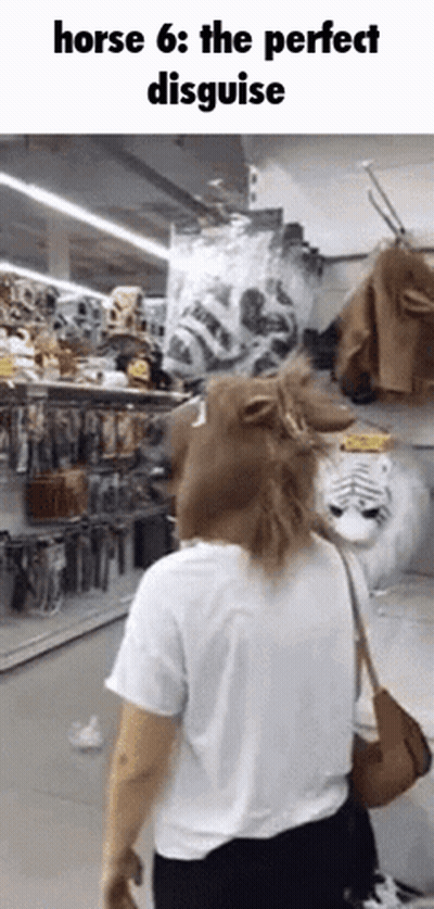 Woman In Horse Mask Walking In Store GIF