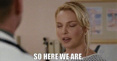Woman In Hospital Gown Talking To Doctor Saying So Here We Are GIF