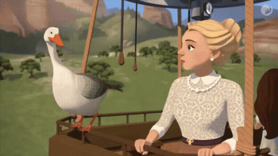 Woman In Hot Air Balloon Looking At Goose GIF