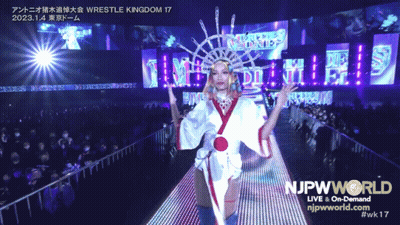 Woman In Kimono Walking Down Stage With NJPWWorld GIF