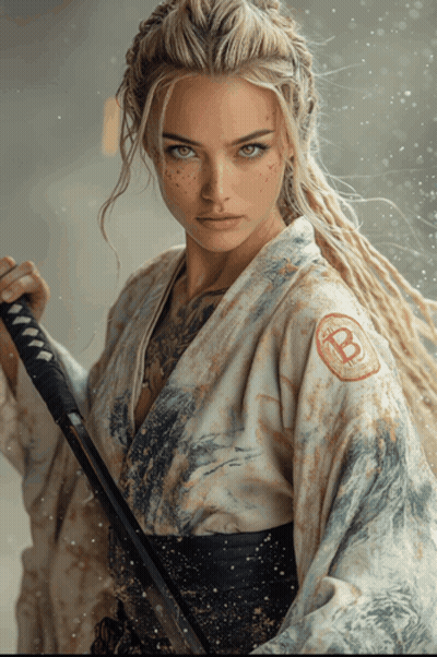 Woman In Kimono With Bitcoin Logo On Sleeve GIF