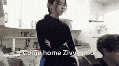 Woman In Kitchen With Come Home Zivvy Poo GIF