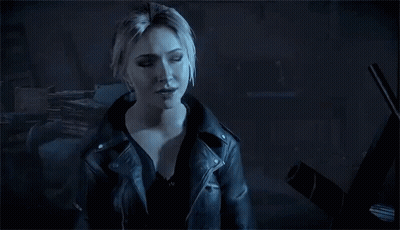 Woman In Leather Jacket Smiling In Dark Room Video Game GIF