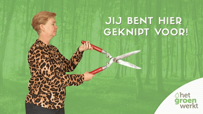 Woman In Leopard Print Shirt Holding Scissors In Front Of Trees GIF