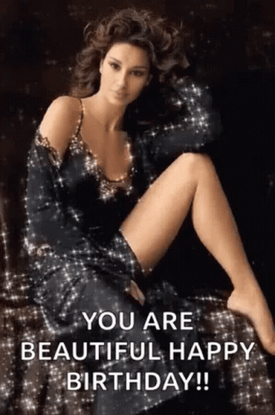 Woman In Lingerie Sitting On Bed With Happy Birthday Message GIF