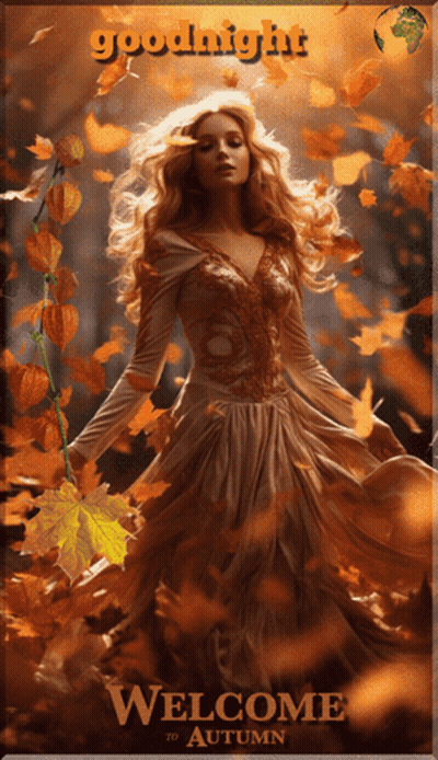 Woman In Long Dress Surrounded By Autumn Leaves Saying Goodnight GIF