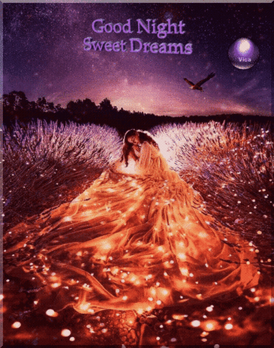 Woman In Long Dress Surrounded By Lights Saying Good Night Sweet Dreams GIF