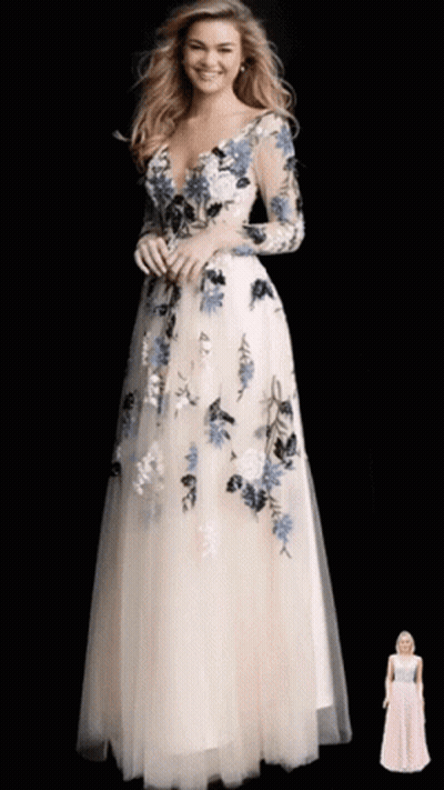 Woman In Long White Dress With Blue And Black Flowers GIF