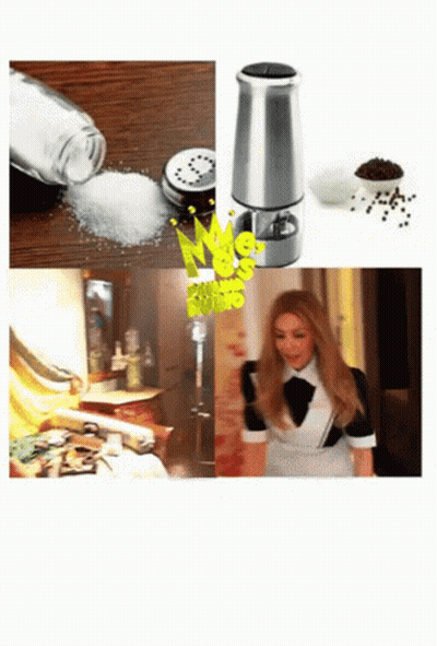 Woman In Maid Outfit Standing In Front Of Salt Shaker GIF