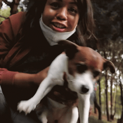 Woman In Mask Holding Brown And White Dog GIF