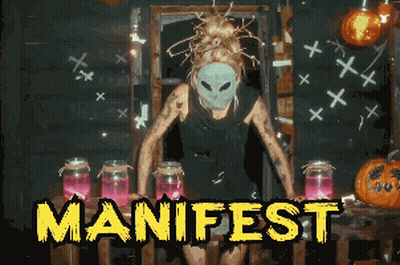 Woman In Mask In Front Of Jars With Manifest In Yellow GIF
