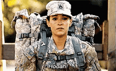 Woman In Military Uniform Holding Backpack Says Hoooh GIF