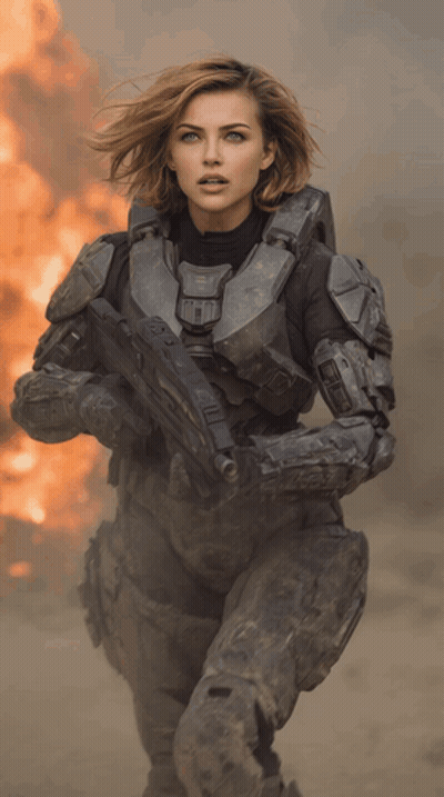 Woman In Military Uniform Holding Gun In Front Of Fire GIF