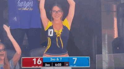 Woman In Number 10 Jersey Cheering In Front Of Scoreboard GIF