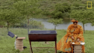 Woman In Orange Dress Sits By Grill In Field GIF