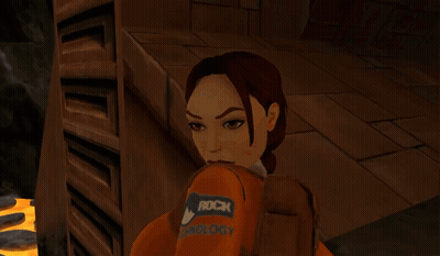 Woman In Orange Jacket Walking On Staircase In Video Game GIF