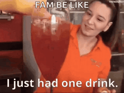 Woman In Orange Shirt Pouring Drink Says Fam Be Like I Just Had One Drink GIF
