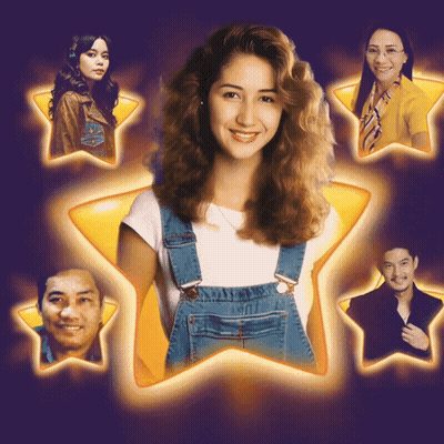 Woman In Overalls Surrounded By Stars And People GIF