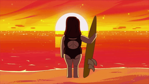 Woman In Peace Sign Swimsuit Holding Surfboard On Beach GIF