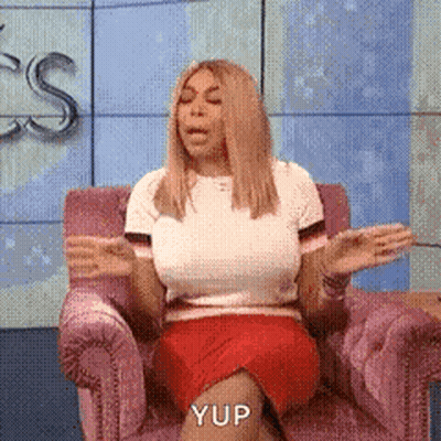 Woman In Pink Chair Hands Outstretched Yup GIF