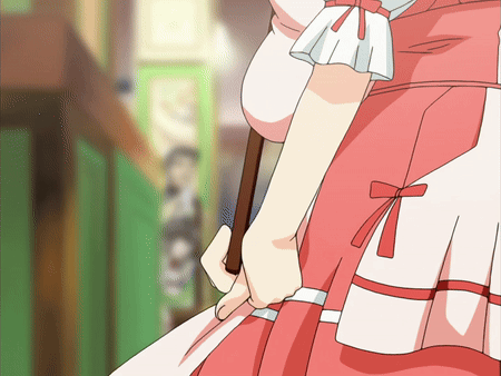 Woman In Pink Dress And Apron Holding Cane GIF