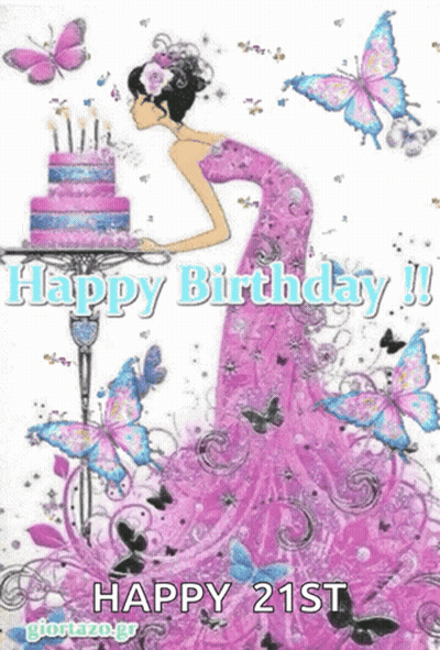 Woman In Pink Dress Blowing Birthday Cake Candles Surrounded By Butterflies GIF