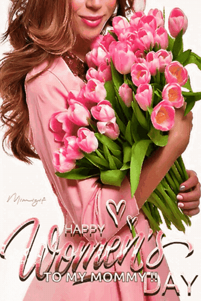 Woman In Pink Dress Holding Flowers Says Happy Women's Day To Mommy GIF