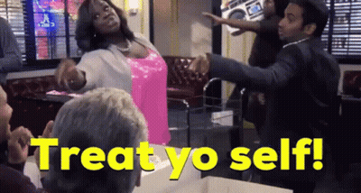 Woman In Pink Dress Next To Man In Suit Saying Treat Yo Self GIF