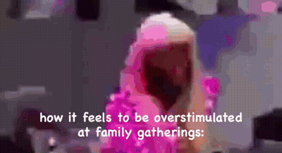 Woman In Pink Dress Overwhelmed At Family Gatherings GIF