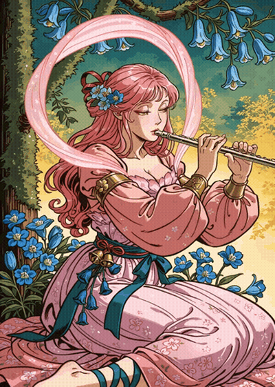 Woman In Pink Dress Playing Flute GIF
