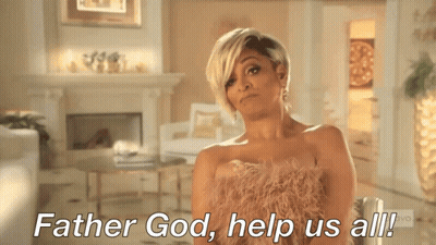 Woman In Pink Dress Says Father God Help Us All GIF