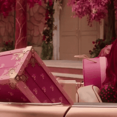 Woman In Pink Dress Sitting In Car Holding Trunk GIF