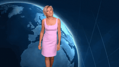 Woman In Pink Dress Standing In Front Of Blue Planet GIF