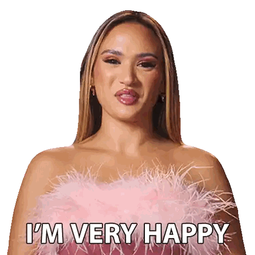 Woman In Pink Feathered Top Says I'm Very Happy Sticker