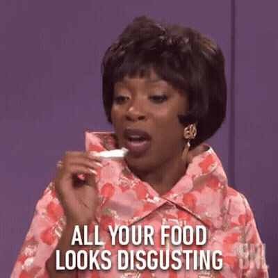 Woman In Pink Floral Jacket Says All Your Food Looks Disgusting GIF