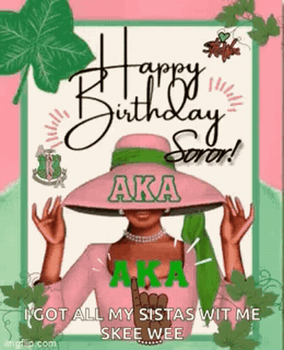 Woman In Pink Hat Green Scarf Sorority Card GIF