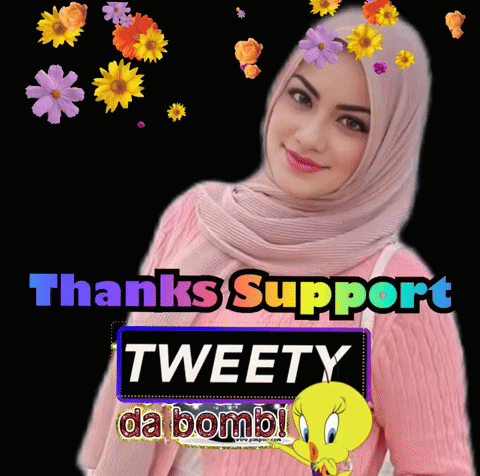 Woman In Pink Hijab Surrounded By Flowers And Tweety Logo GIF