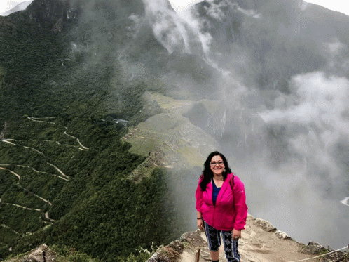 Woman In Pink Jacket On Mountain GIF