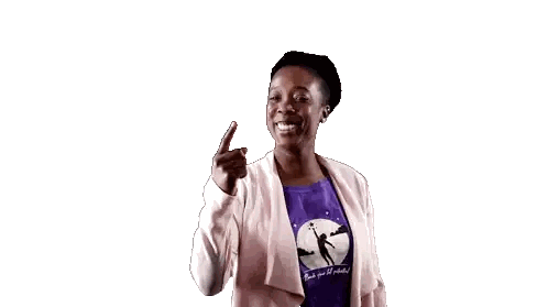 Woman In Pink Jacket Pointing At Herself Saying Thank You Sticker