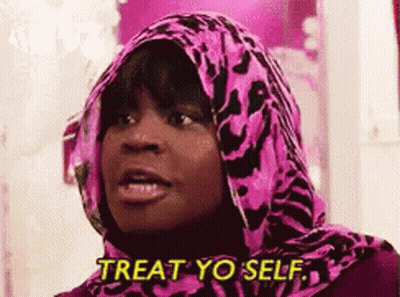 Woman In Pink Leopard Print Scarf Saying Treat Yo Self GIF
