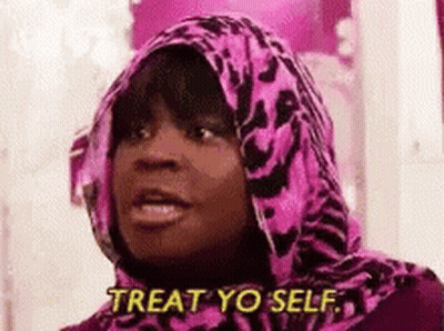 Woman In Pink Leopard Scarf Saying Treat Yo Self GIF